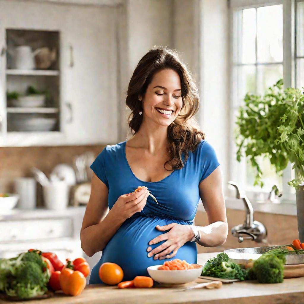 Беременная женщина ест полезную пищу, чтобы предотвратить гипотензию