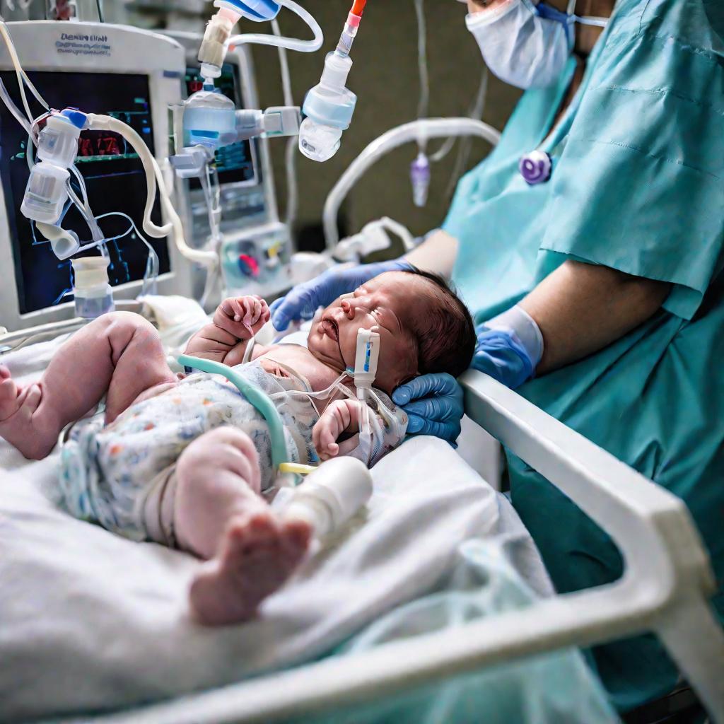Новорожденный, родившийся преждевременно из-за PROM, получает интенсивную терапию и заботу медперсонала