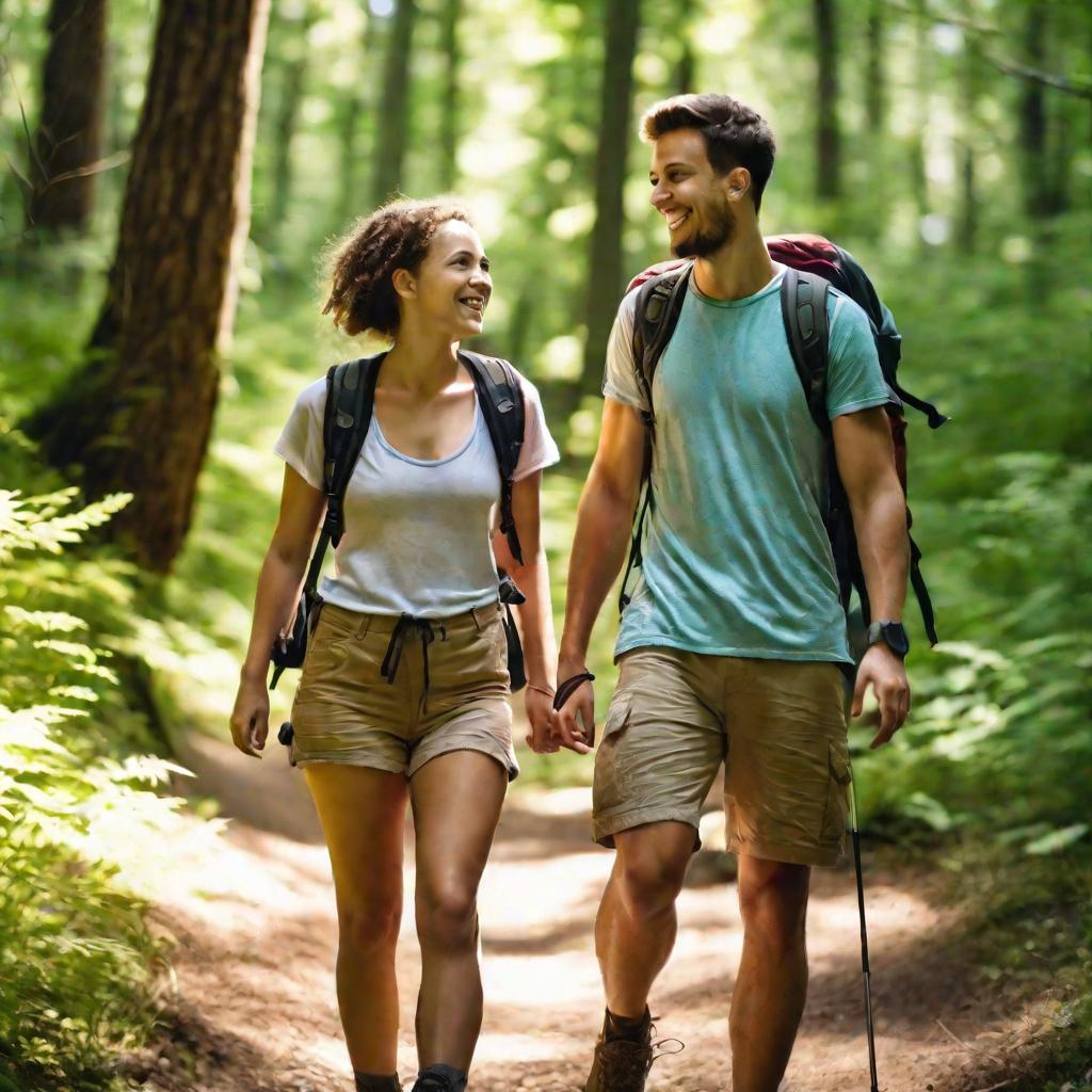 Парень и девушка гуляют по лесу