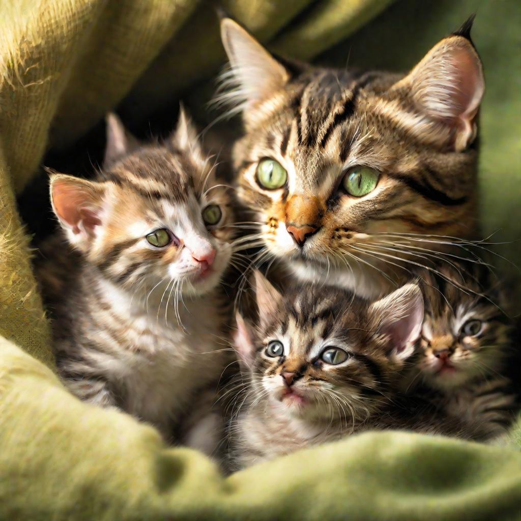 Портрет вблизи полосатой кошки, кормящей молоком четырех крошечных новорожденных котят. Кошка смотрит на них любящим зеленым взглядом, лицо спокойное. Мех котят детализирован. Освещение мягкое золотистое. Фон приятно размыт.