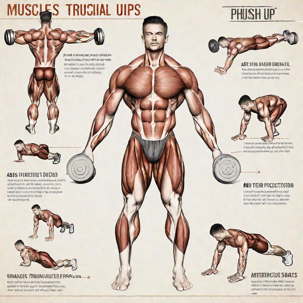 Инфографика, диаграмма с указанием мышц, задействованных при отжиманиях, включая грудные мышцы, передние дельтовидные, трицепсы, трапециевидные и пресс