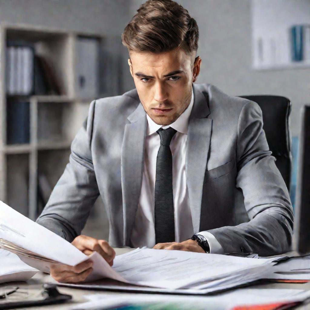 Портрет молодого бизнесмена в костюме, сидящего за столом в офисе и внимательно изучающего документы.