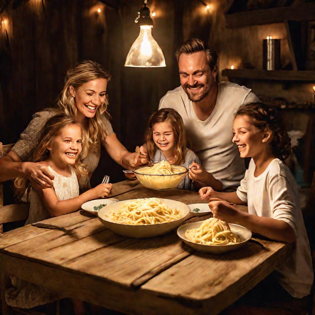 Семья за столом с макаронами и сырным соусом