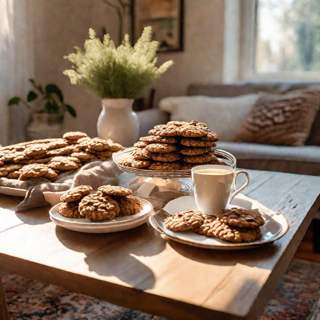 Фото гостиной в золотые часы с чайным столиком и тарелкой печенья