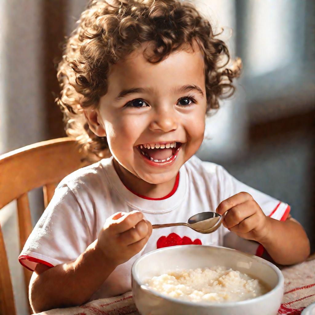 Ребенок ест рисовую кашу