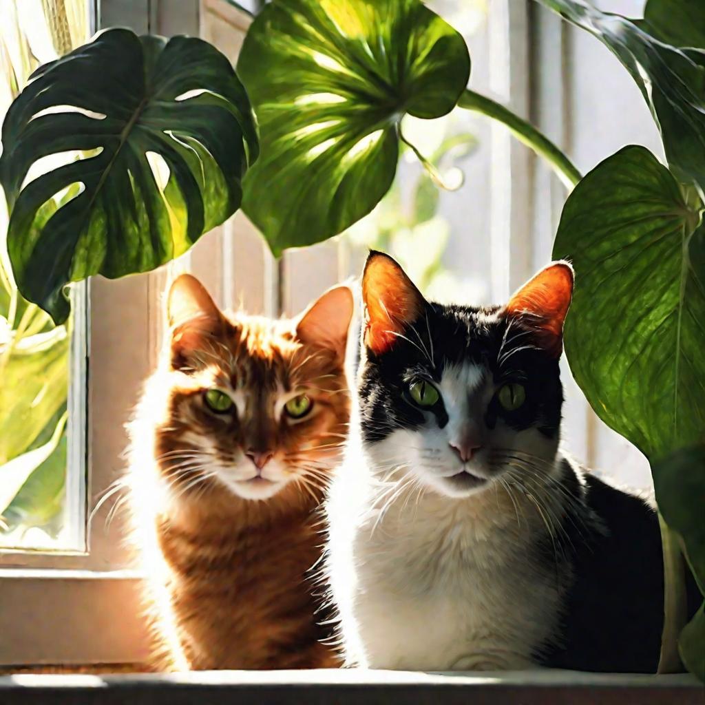 Две кошки по имени Оскар и Нора выглядывают из-за большого тропического растения на подоконнике, теплый солнечный свет окружает их.