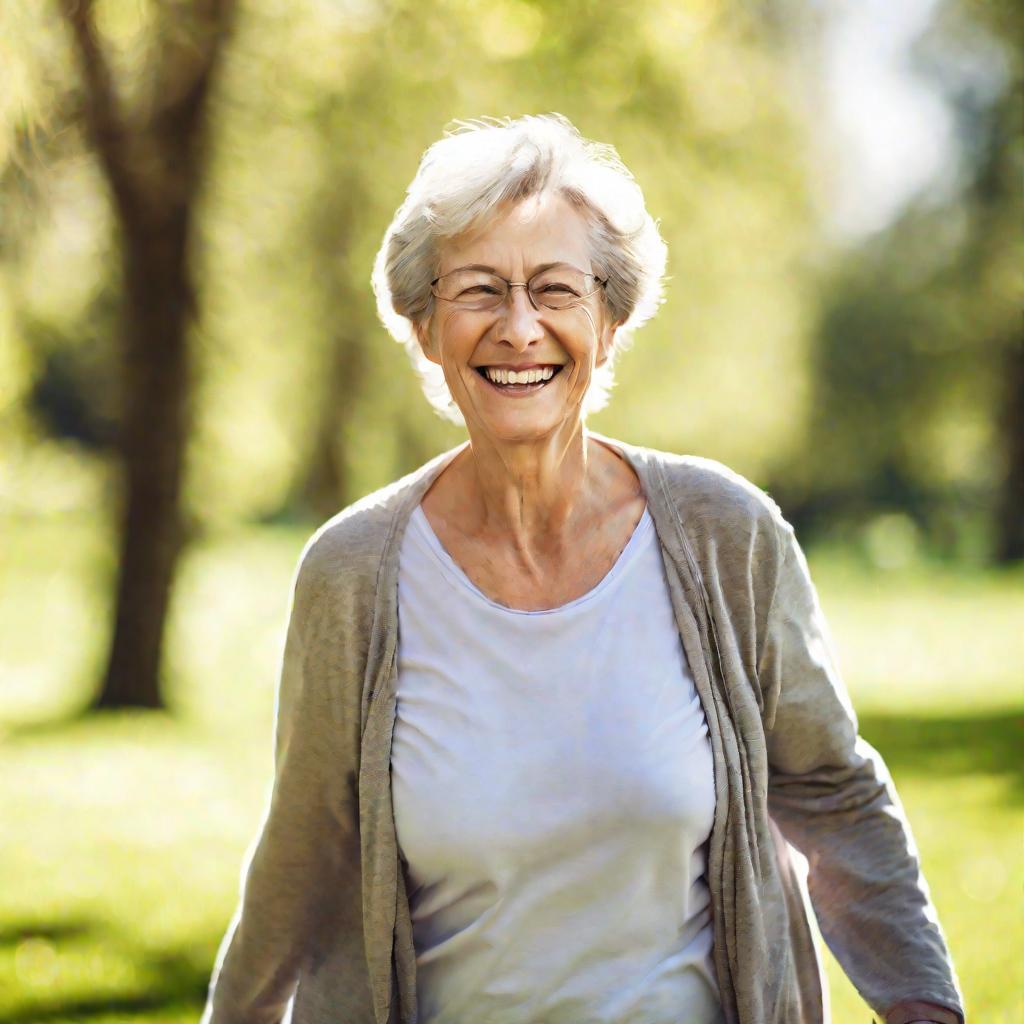 Пожилая женщина, избавившаяся от болей в седалищном нерве, гуляет по парку