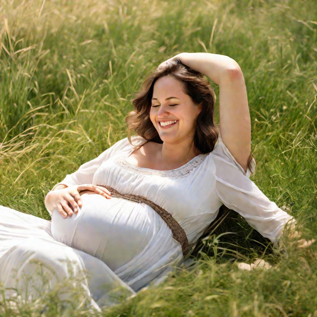Счастливая улыбающаяся беременная женщина на природе