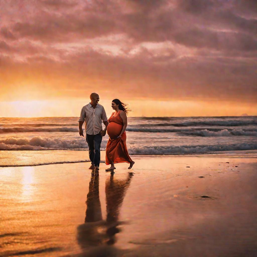 Беременная пара на рассвете идет по пляжу
