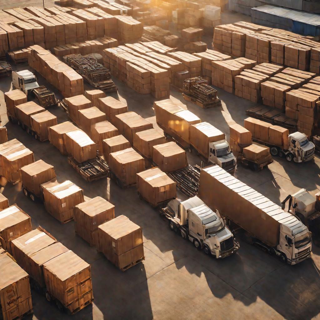 Несколько грузовиков с грузами с указанием весов брутто на складе при закатном освещении