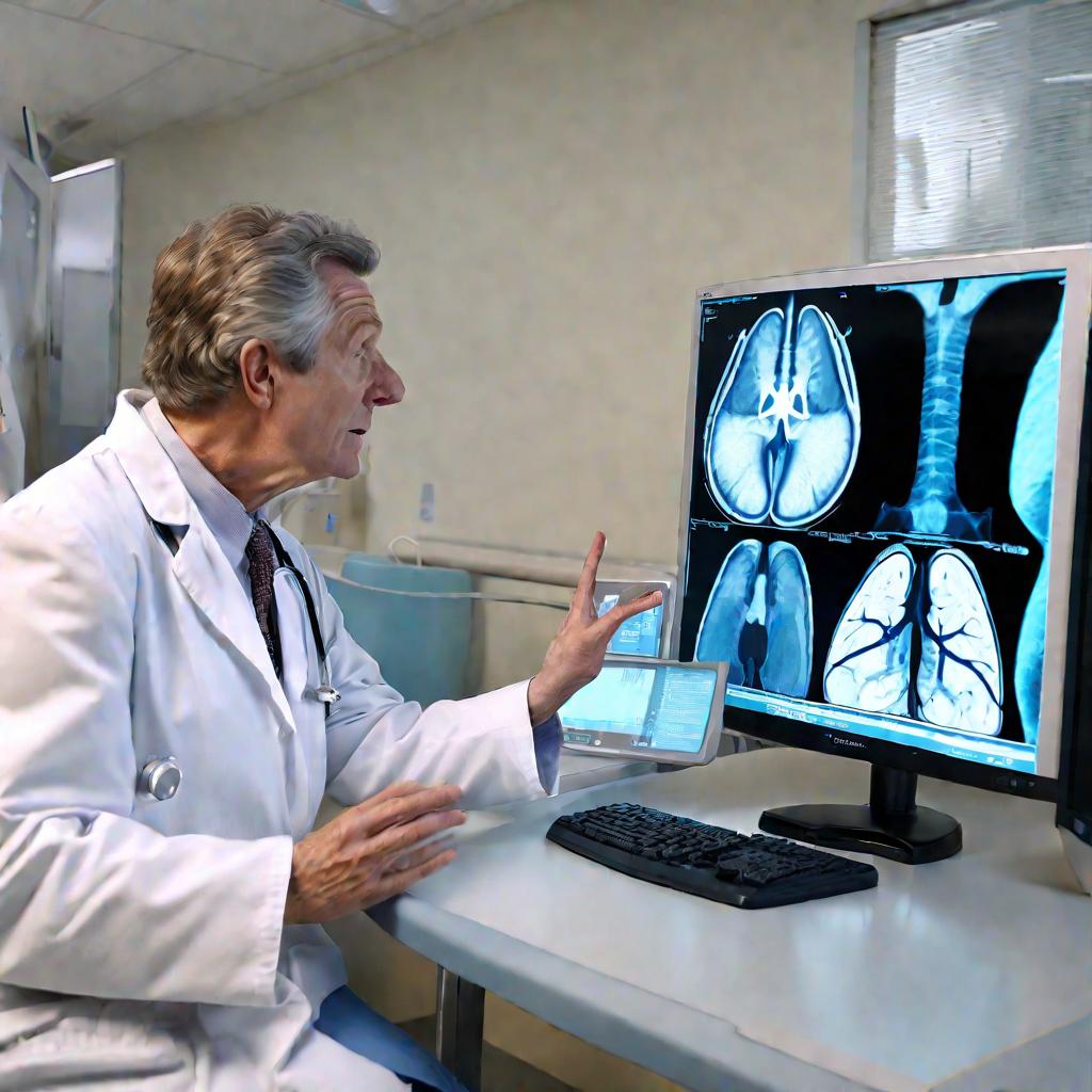 Врач объясняет пожилому пациенту КТ мочевого пузыря с утолщенной стенкой, указывающей на цистит, в хорошо освещенном кабинете больницы. Пациент в синем халате сидит в кресле и смотрит на снимок на мониторе компьютера, а доктор в белом халате указывает на 