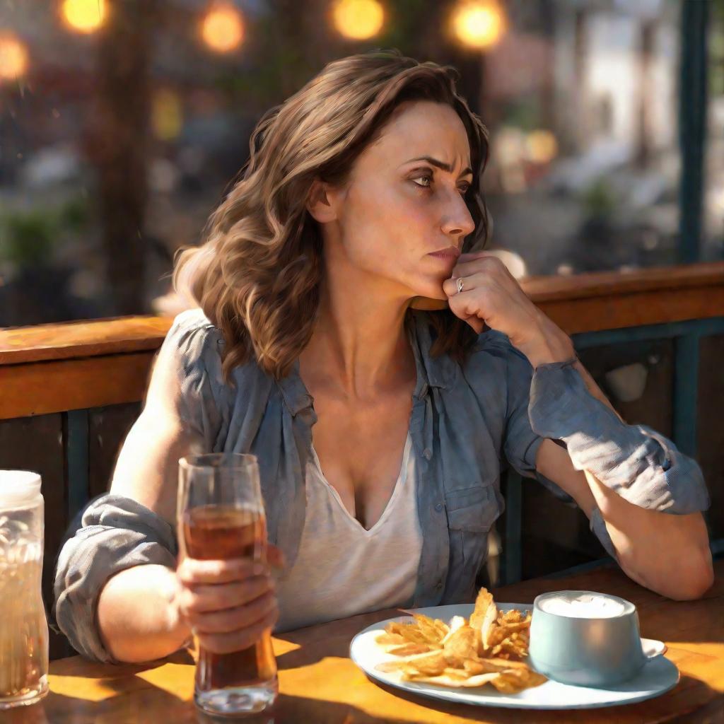 Женщина в кафе тихо отрыгивает в кулак, выглядя напряженной
