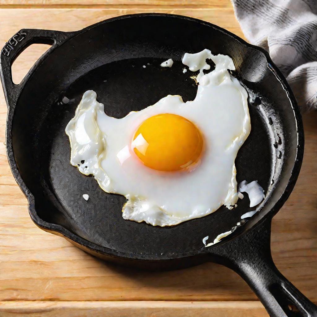 Сырое яйцо разбивают на сковороду