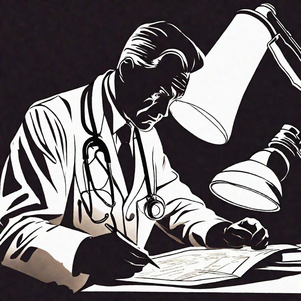 Силуэт врача в белом халате, изучающего медицинские карты поздним вечером при свете настольной лампы