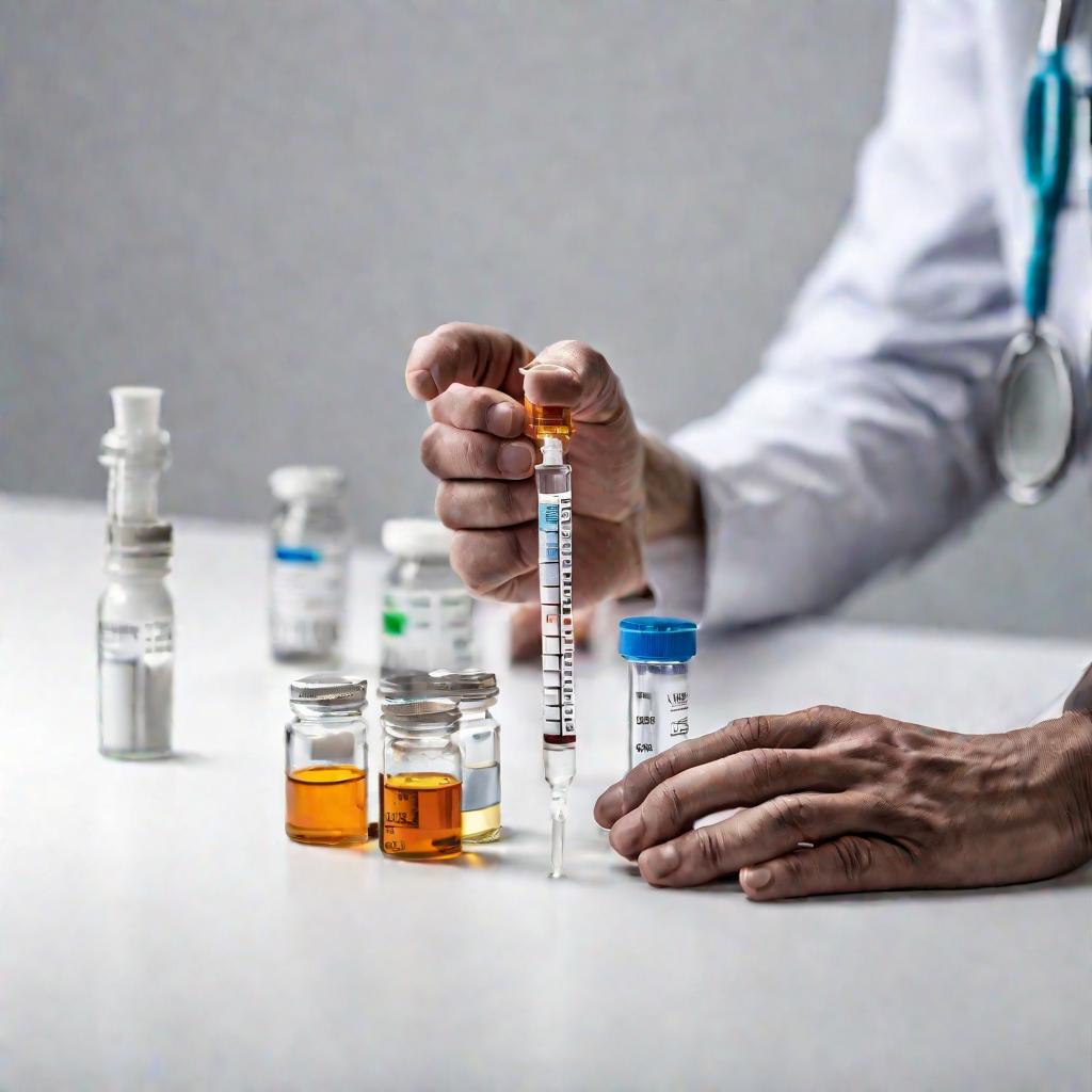 Фото рук врача, держащего шприц и флакон с противоаллергическим препаратом для лечения симптомов аллергического ринита