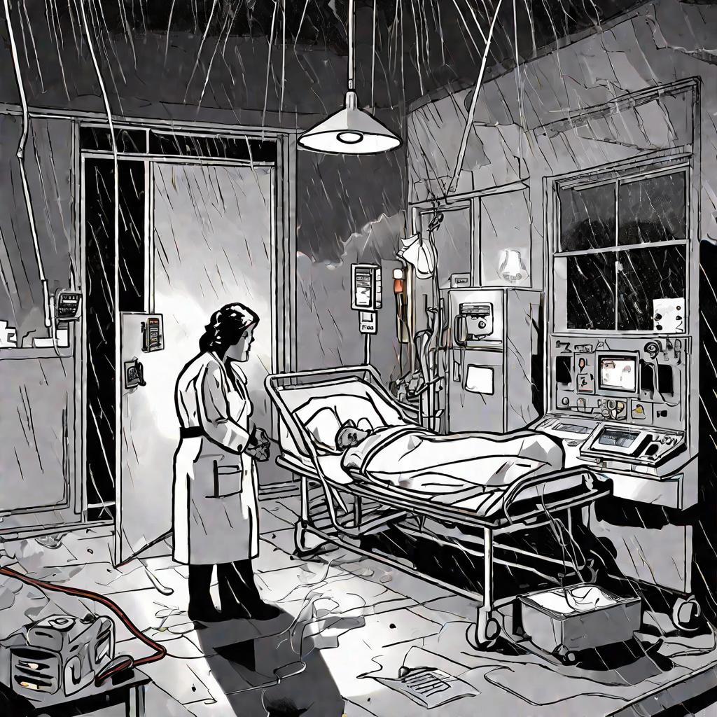 Ночная сцена в палате больницы во время грозы.