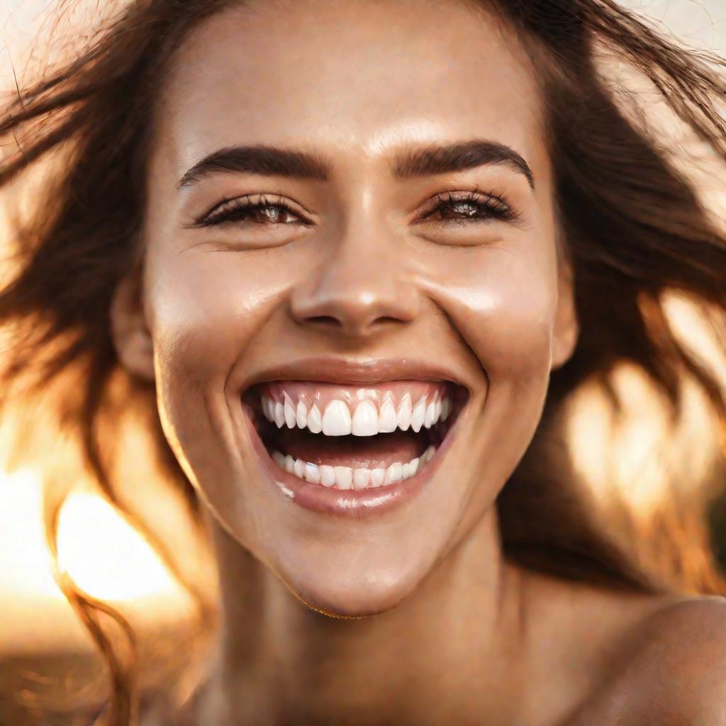 Женщина с открытым в улыбке ртом демонстрирует чистые белые зубы.