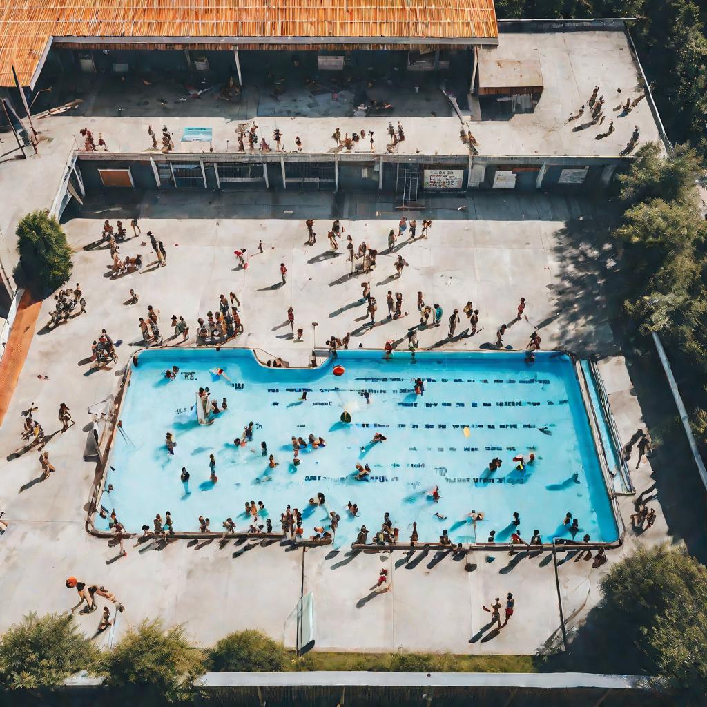 Вид сверху на общественный бассейн, полный людей в жаркий летний день. Ребенок идет босиком по мокрому бетону.
