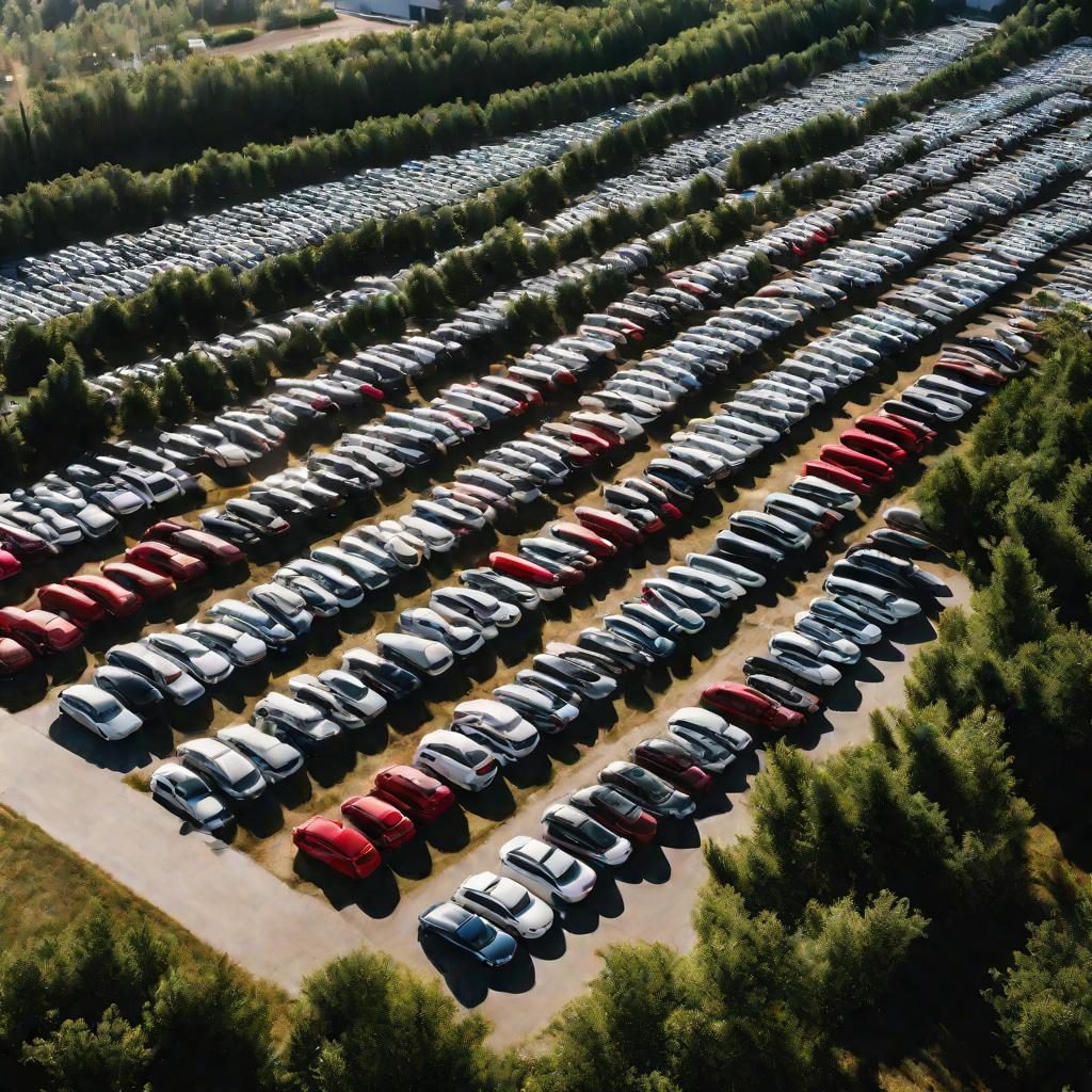 Большая парковка возле завода, заполненная сотнями автомобилей