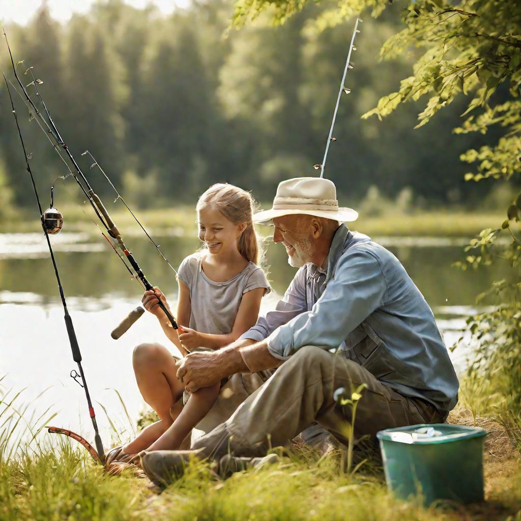 Летнее утро у озера, отец учит дочь рыбалке