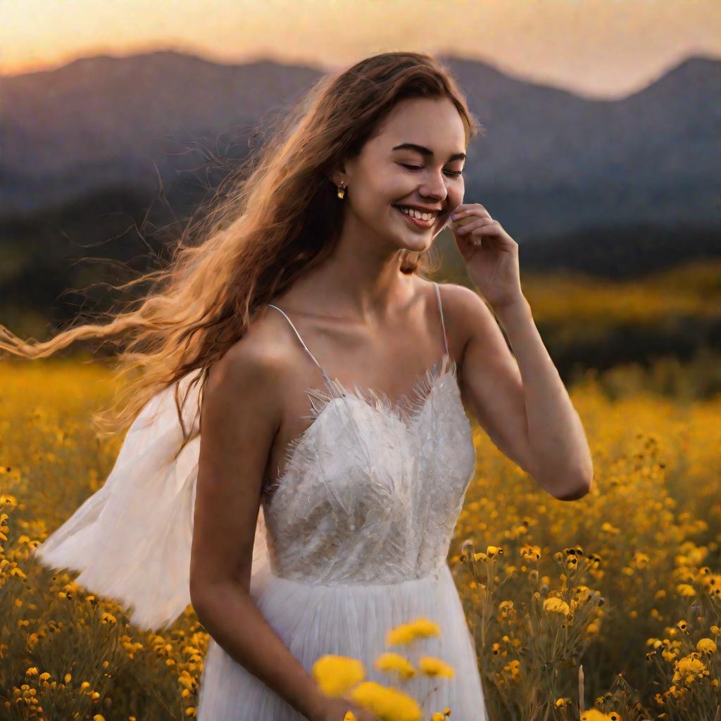 Девушка в белом платье наклеивает большие перьевые накладные ресницы на фоне гор во время заката