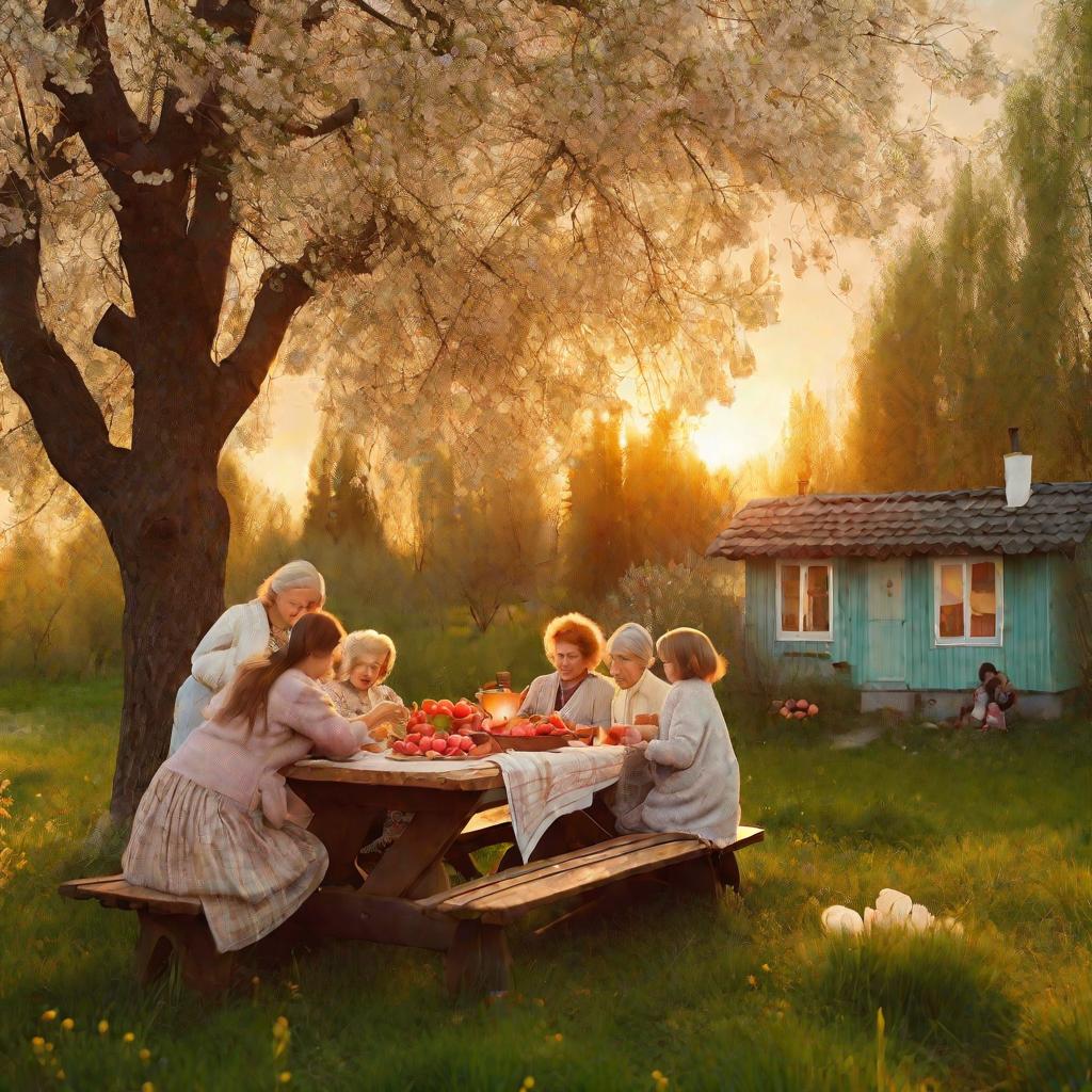 Семья за столом на природе ест борщ на закате