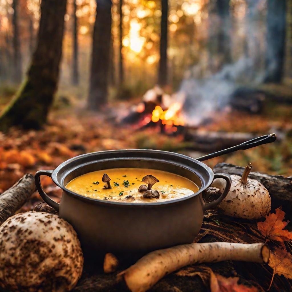 Сырный суп с грибами на костре в лесу осенью