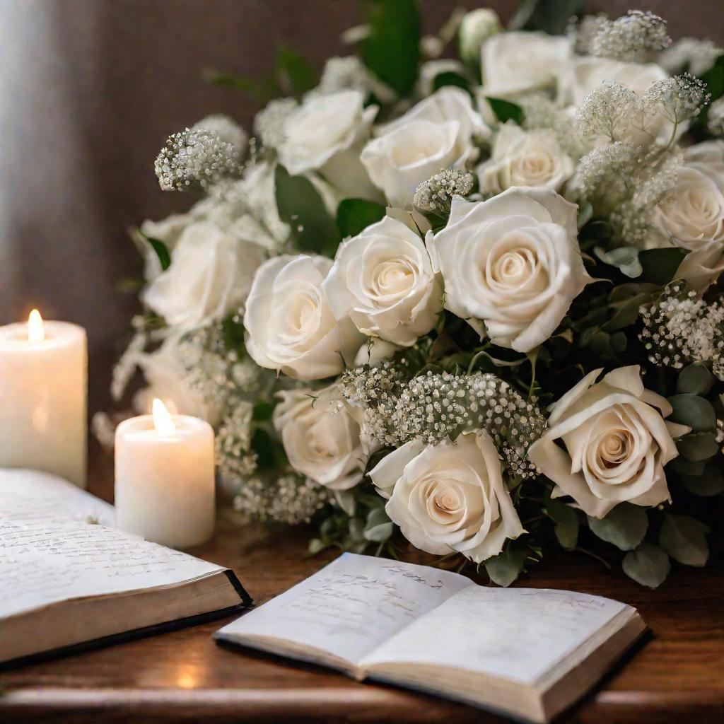 Букет невесты на столе с деталями свадьбы в мягком освещении.
