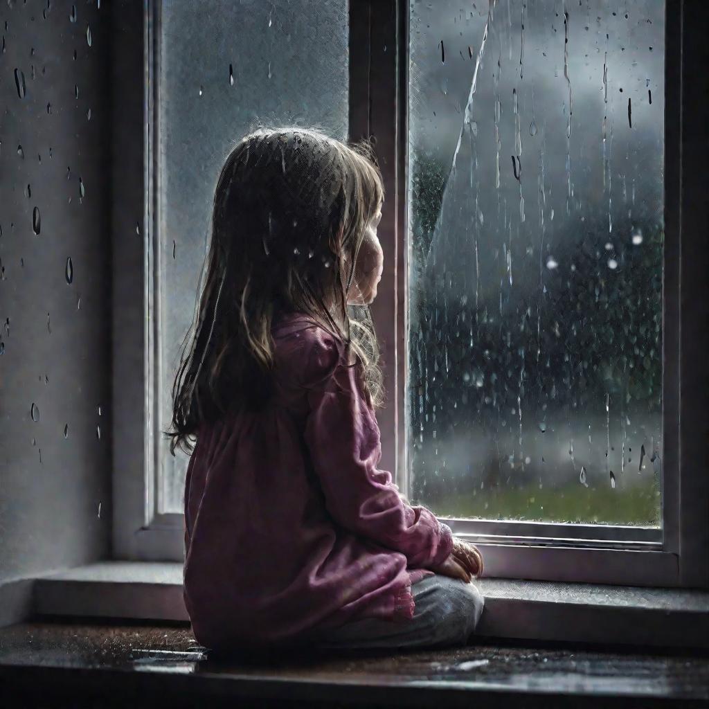 Девочка с куклой сидит у окна в дождливый день