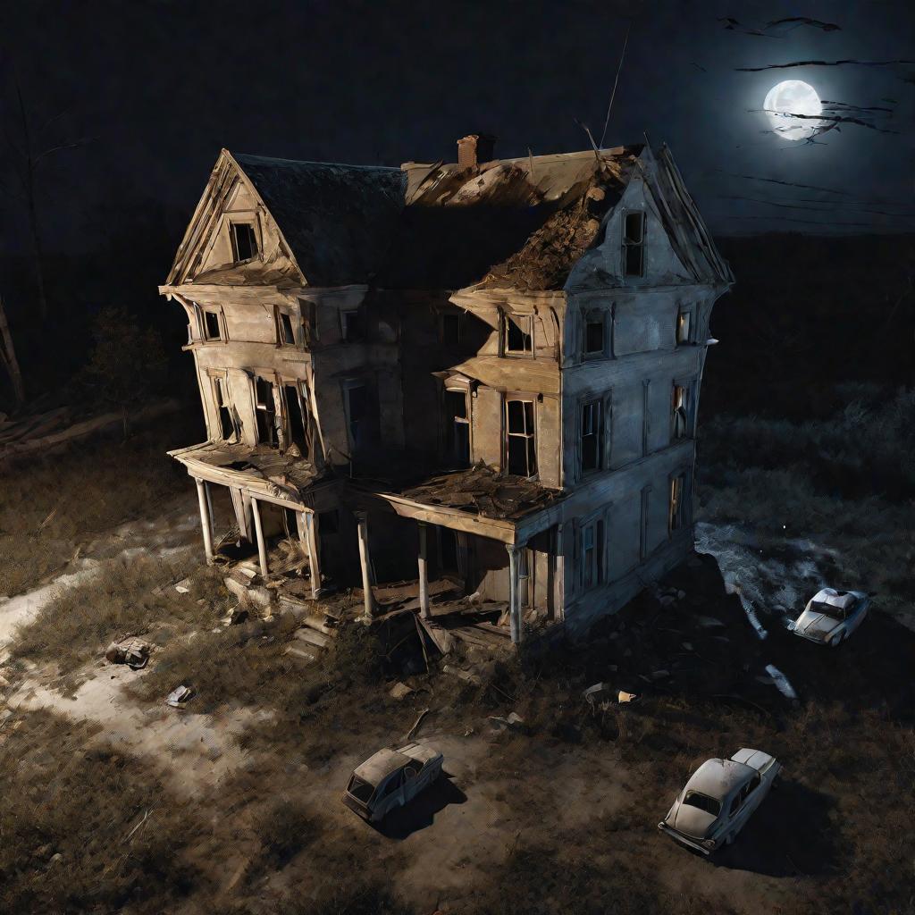 Ночь, старый дом, лунный свет в окнах освещает тараканов