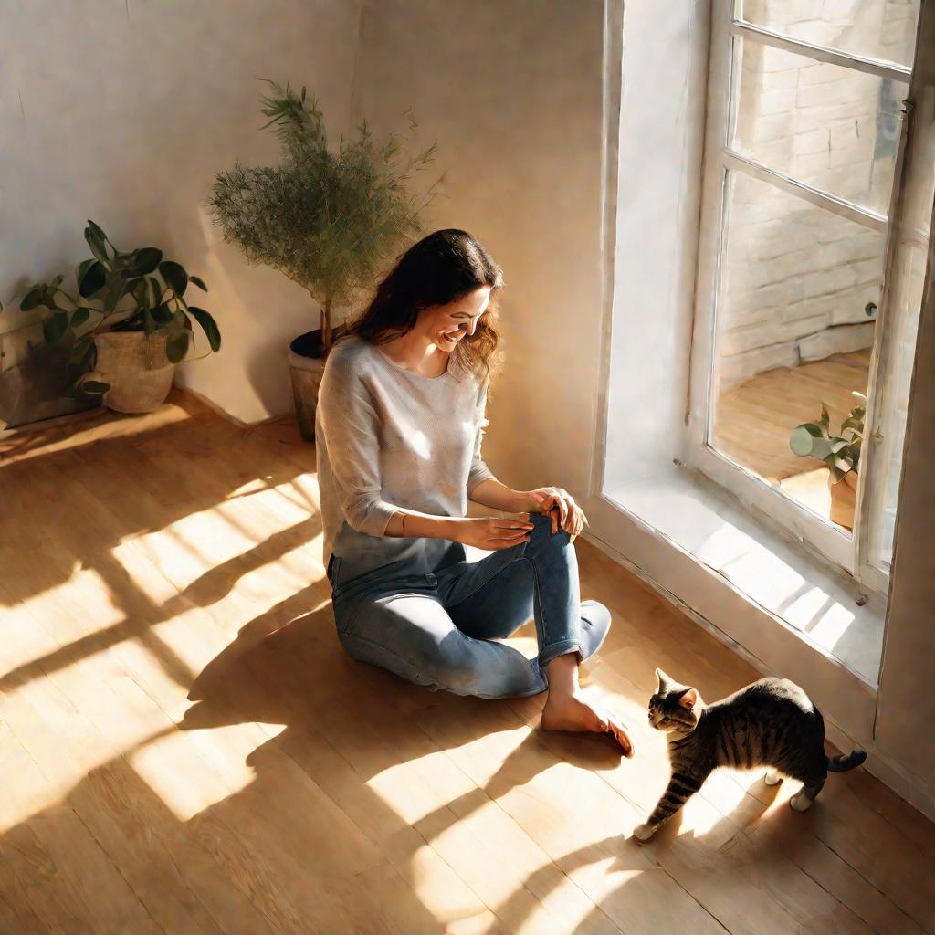 Женщина играет с кошкой на полу