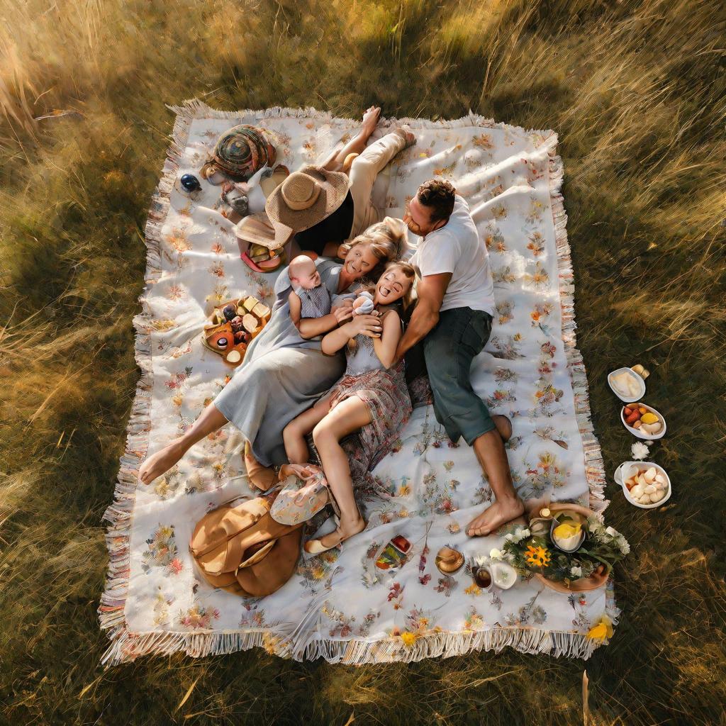 Семья на пикнике пеленает сына