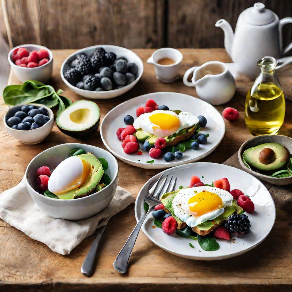 Здоровый завтрак с авокадо тостом, яйцом пашот, лососем, ягодами и салатом со свежими овощами. Натюрморт.