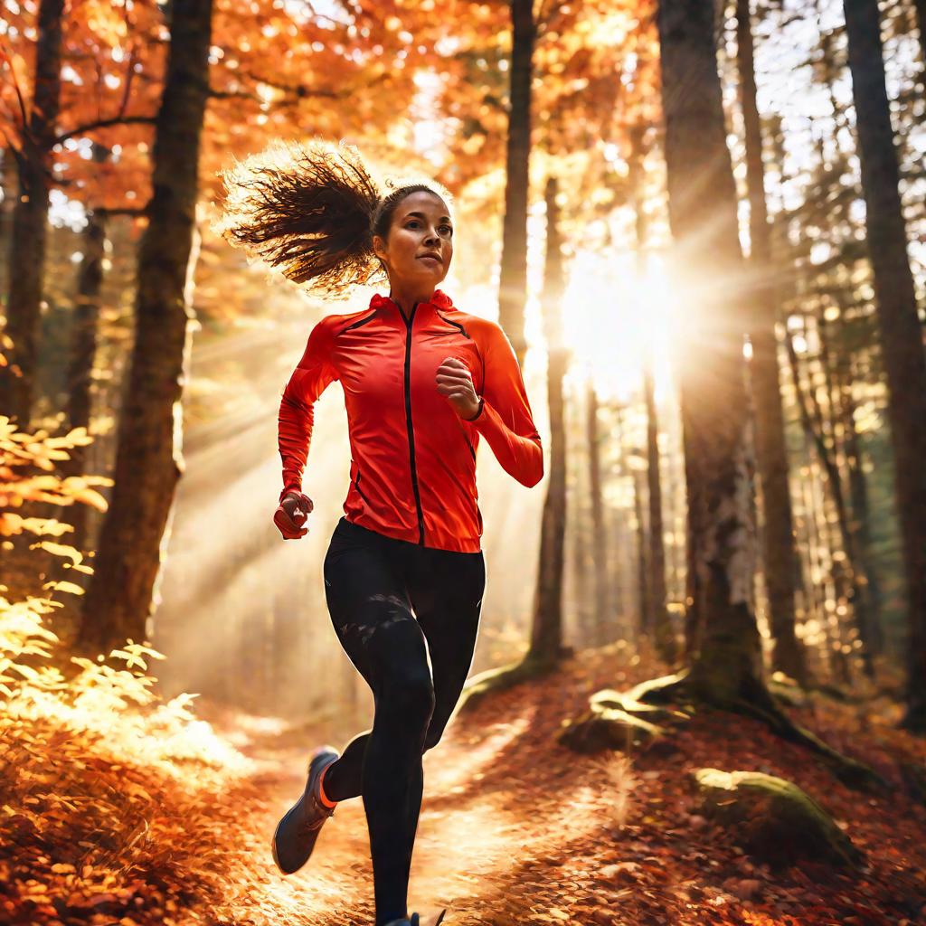 Молодая спортсменка бежит по лесной тропинке на фоне красочного осеннего леса. Кинематографичный снимок с драматичным солнечным светом в золотой час.