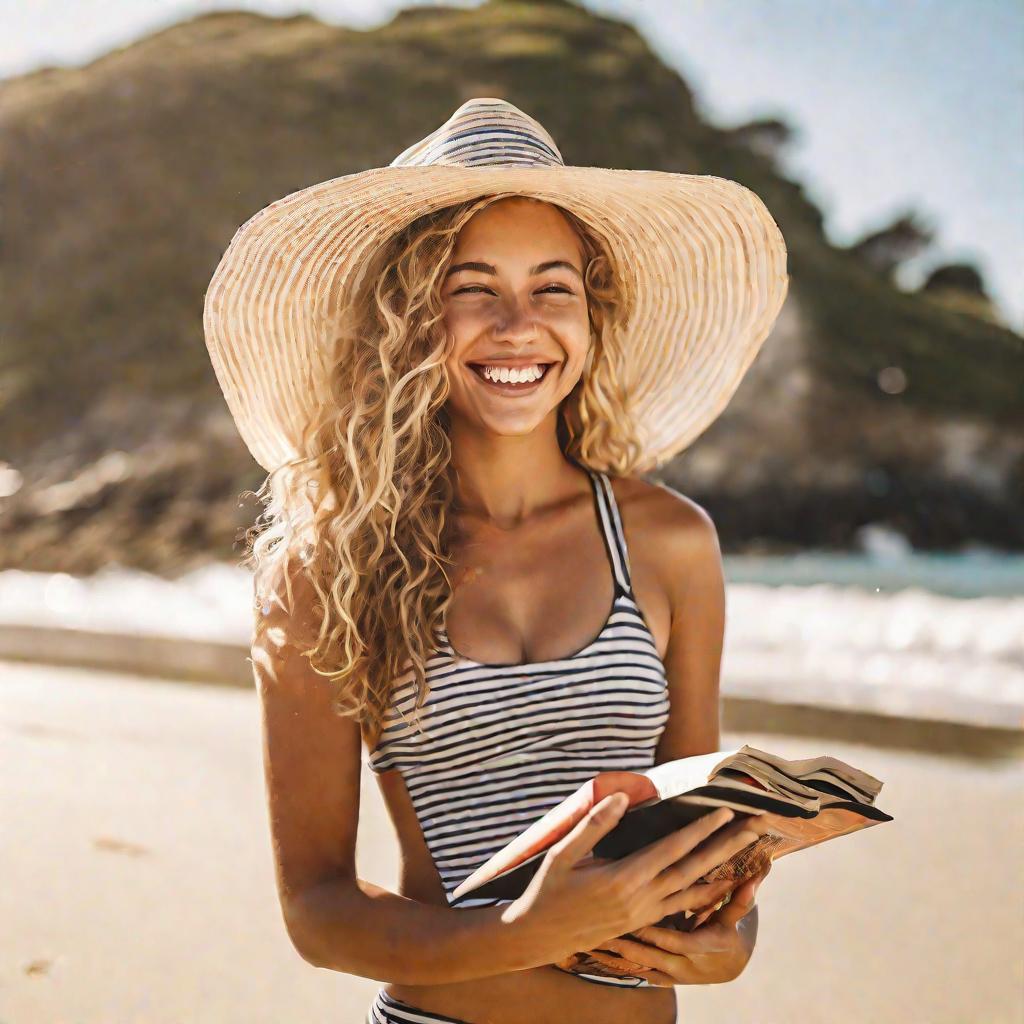 Портрет улыбающейся девушки на пляже с кремом от загара, книгой и шляпой в руках.