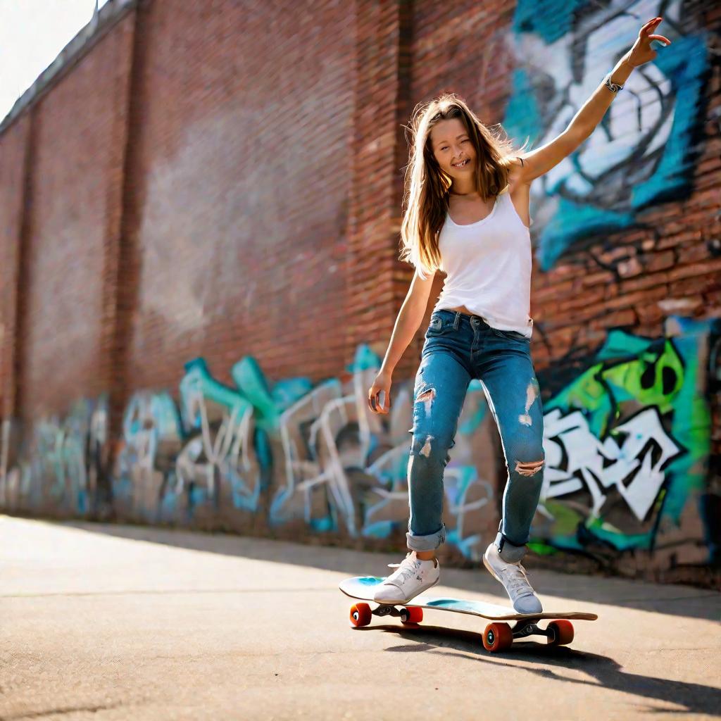Девушка катается на скейтборде перед граффити