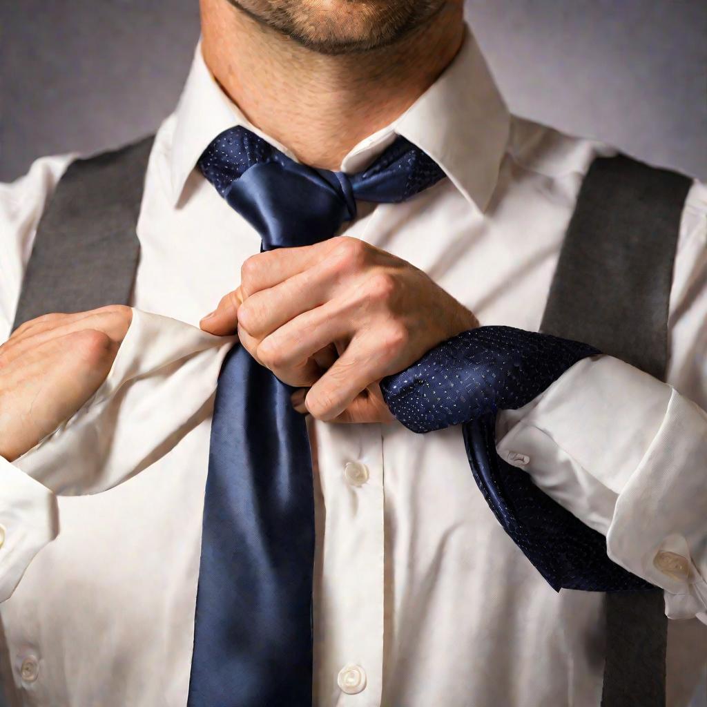 Руки мужчины аккуратно завязывают темно синий шелковый галстук сложным узлом элдридж