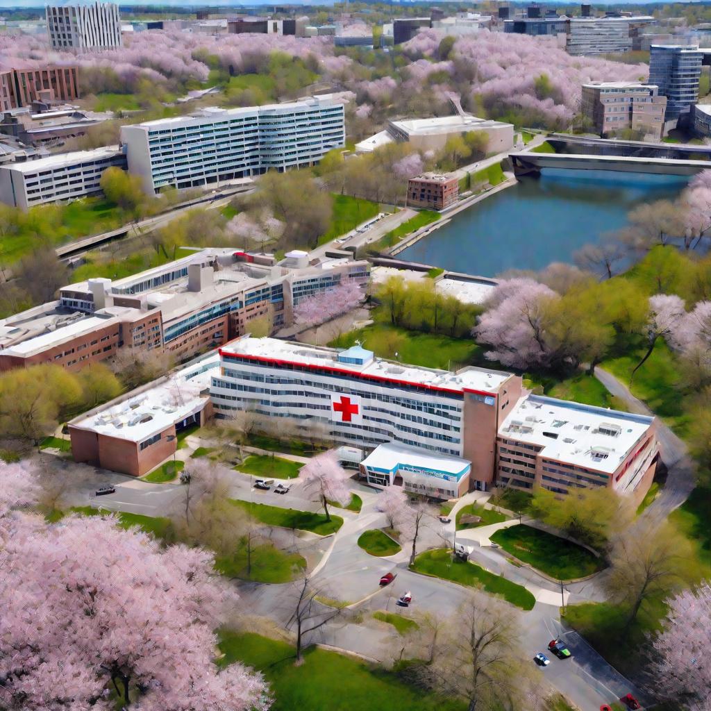 Больница с цветущими деревьями весной