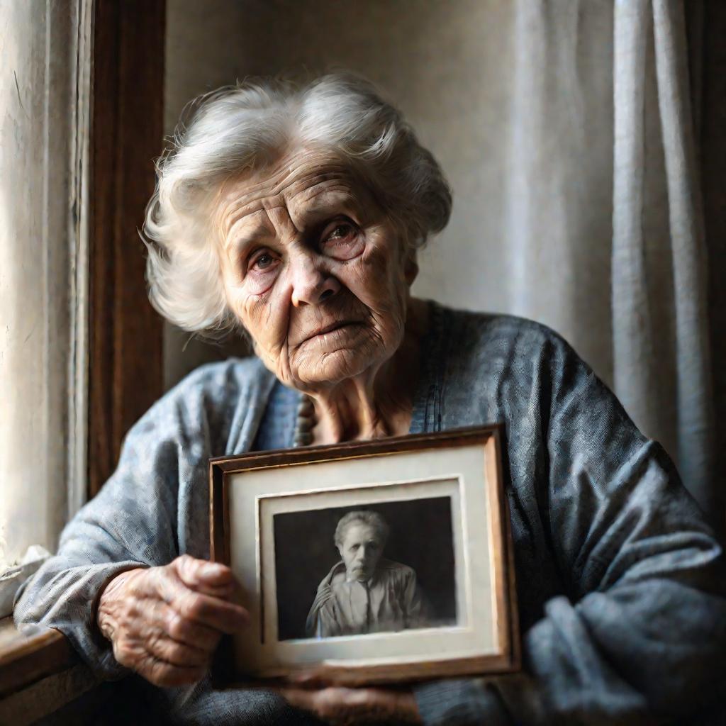 Пожилая женщина держит фото мужчины