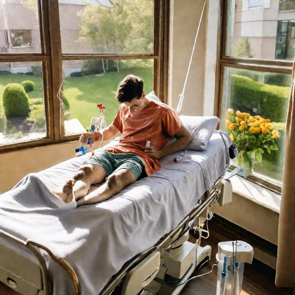 Молодой мужчина получает внутривенную инфузию лекарств для лечения рассеянного склероза, сидя на краю больничной кровати рядом с большим светлым окном с видом на солнечный зеленый двор с цветущими цветами
