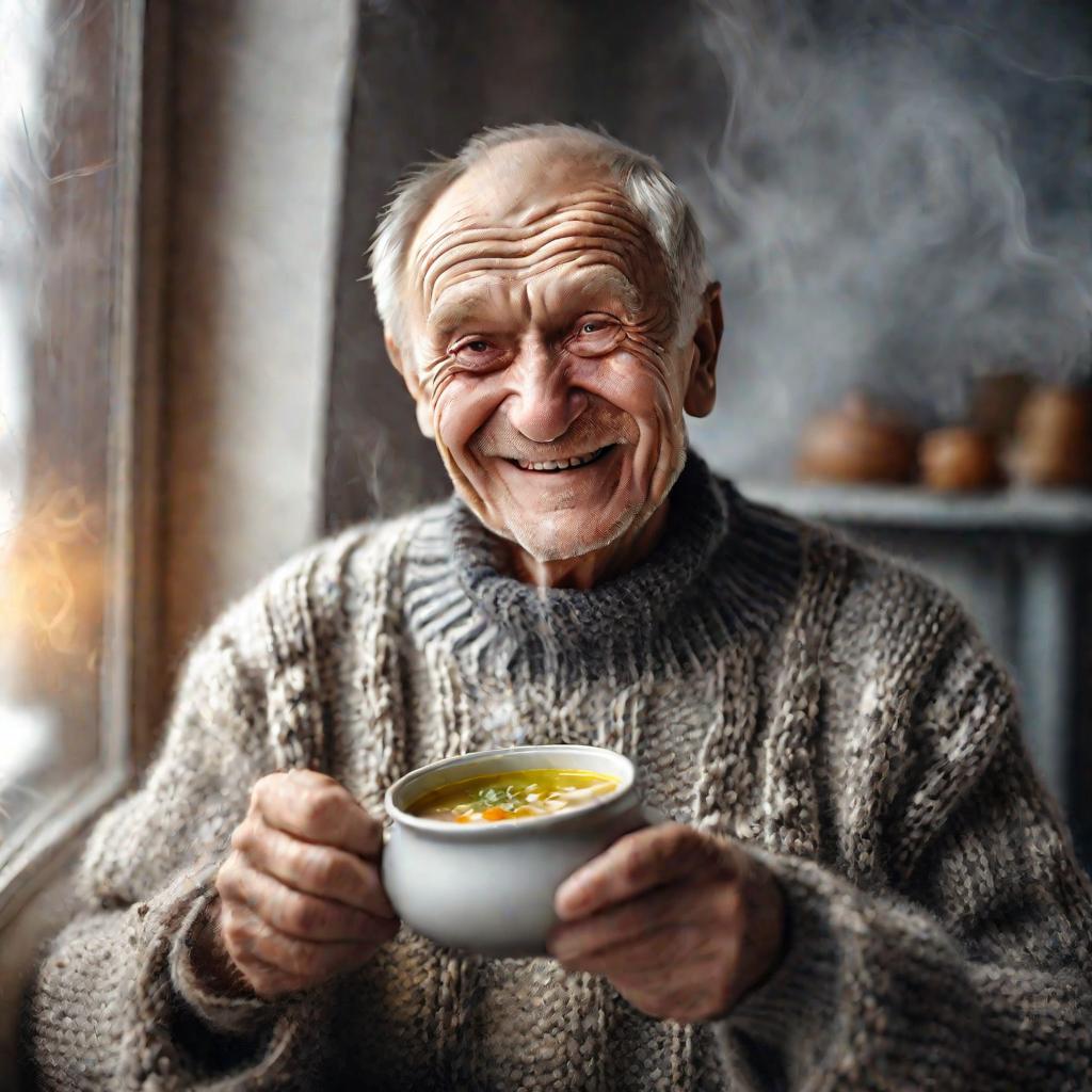Портрет пожилого мужчины с тарелкой супа