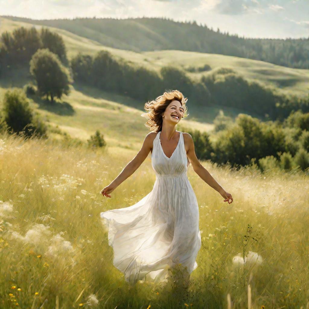 Женщина гуляет по цветущему лугу в солнечный летний день.