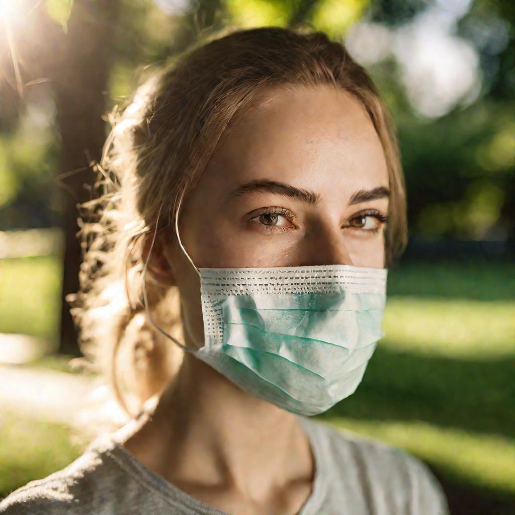 Девушка в медицинской маске на фоне парка