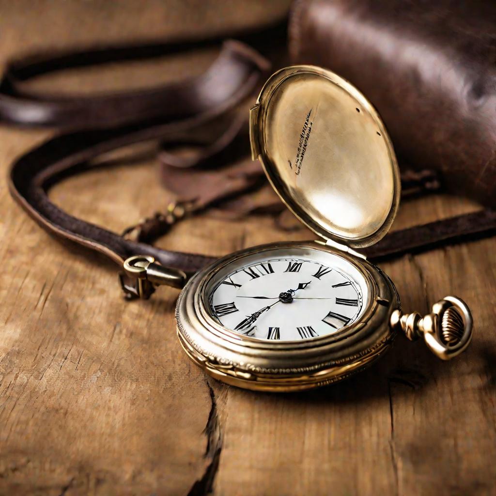Старинные золотые карманные часы с римскими цифрами на старой кожаном ремешке лежат на деревянном столе