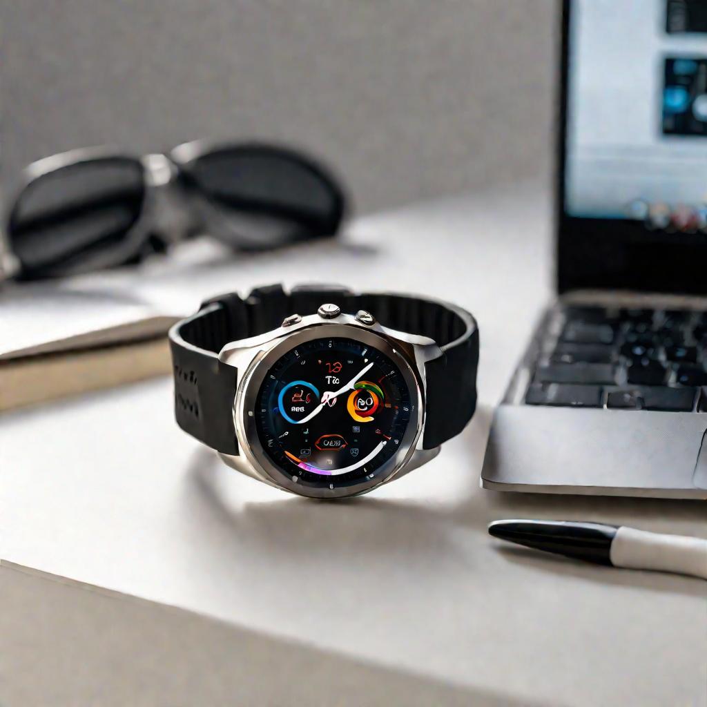 Современные серебристые смарт-часы с черным спортивным ремешком лежат на белом столе рядом с ноутбуком