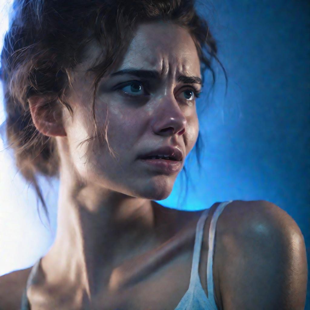 Крупным планом молодая женщина, морщась от боли, прижимает руку к левому боку под ребрами, драматичное боковое освещение голубым светом