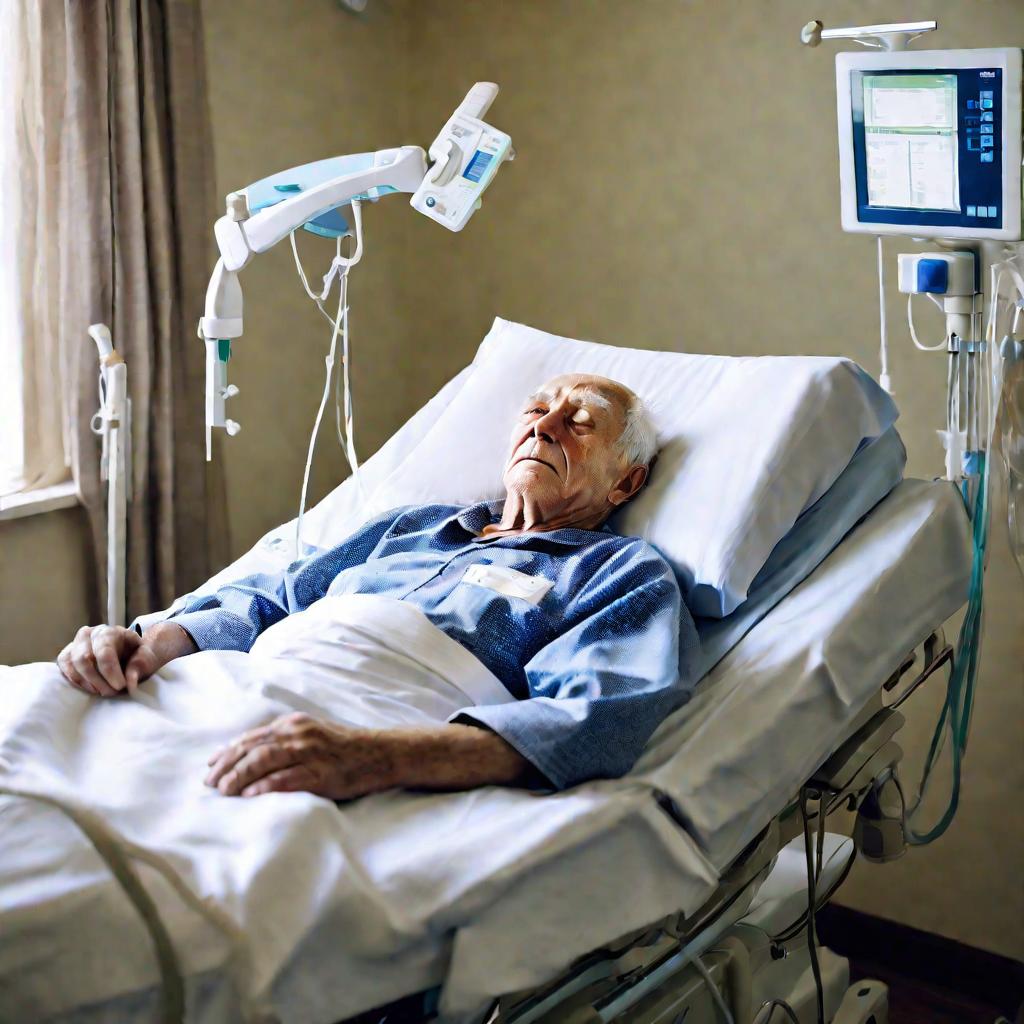 Пожилой мужчина лежит на больничной кровати, подключенный к медицинскому оборудованию, спокойно смотрит в окно на солнечный день
