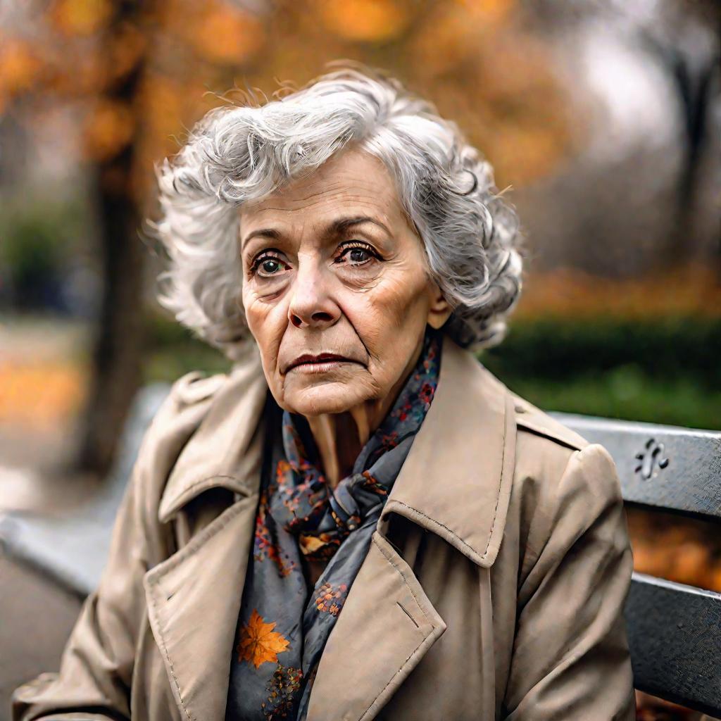 Пожилая женщина сидит на скамейке в парке
