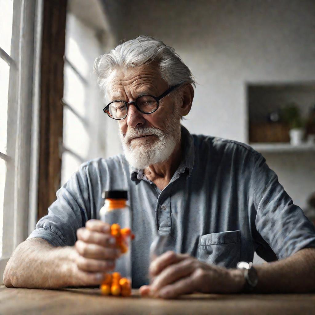 Пожилой мужчина рассматривает бутыль с витаминами.