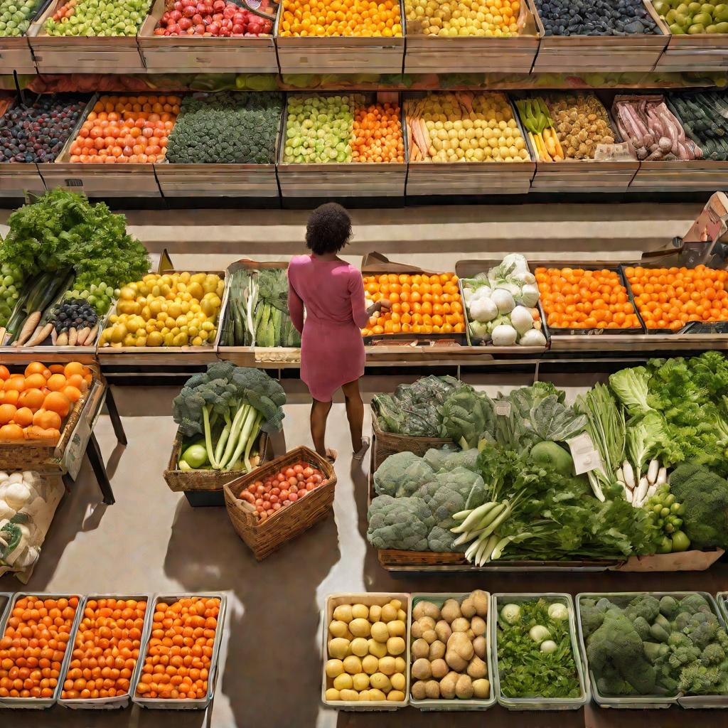 Полки с фруктами и овощами в супермаркете.